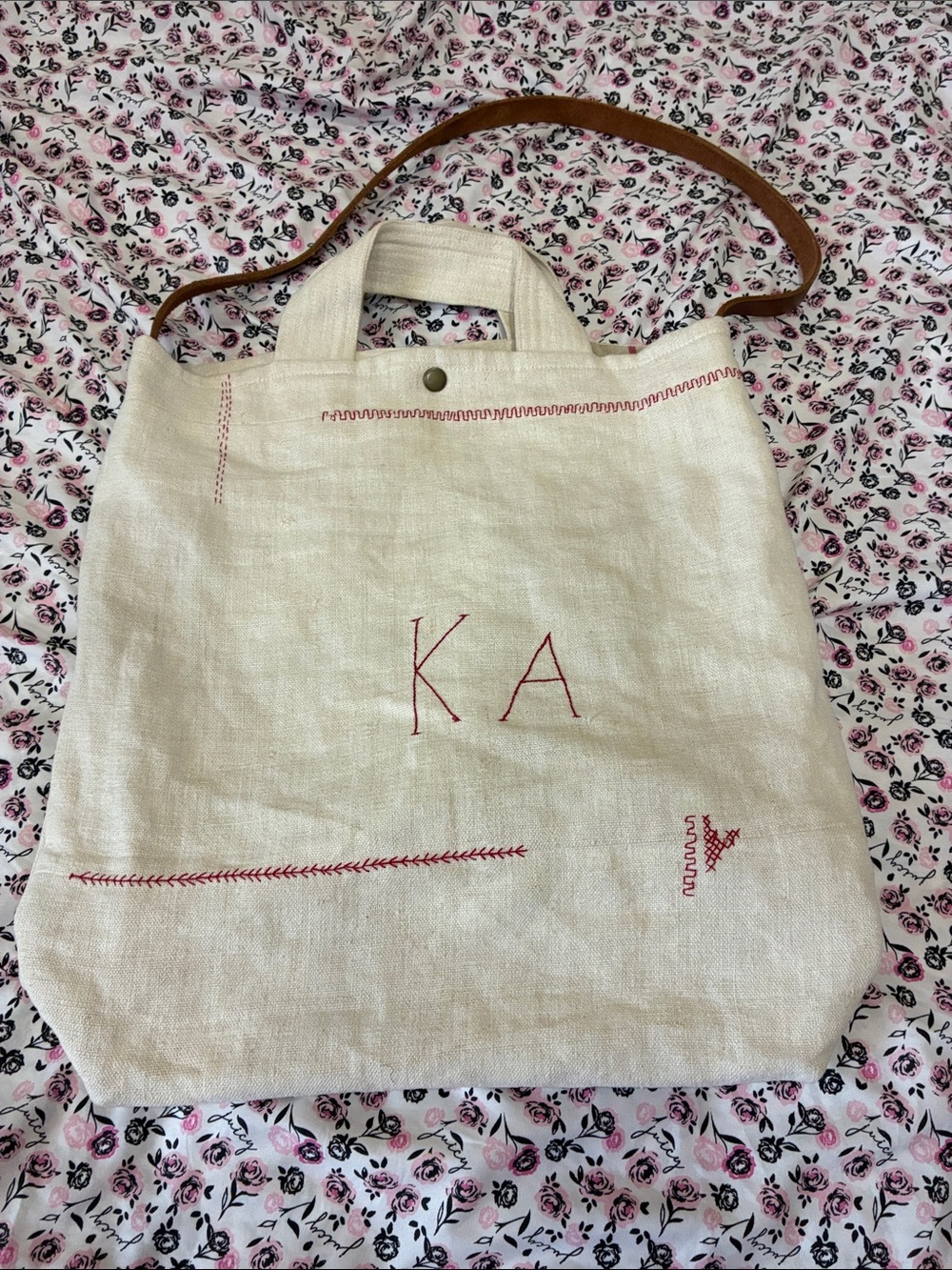 KA Embroidered Cream Tote Bag with Brown Strap